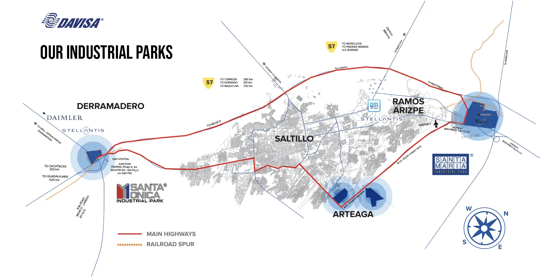 Map of industrial parks located in Coahuila: Saltillo, Derramadero, Arteaga and Ramos Arizpe.
